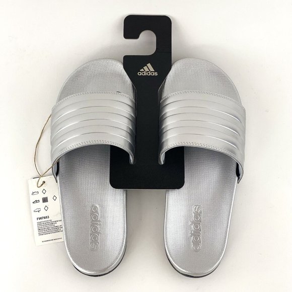 Adidas Adilette Comfort Chrome Silver Women's Slides Sandals Metallic Slide - Picture 2 of 10